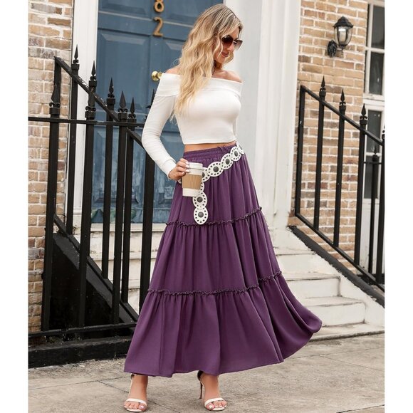 Women’s Flowy High Waist Maxi Skirt - Boho Ruffle Design with Practical Pockets - Picture 3 of 6